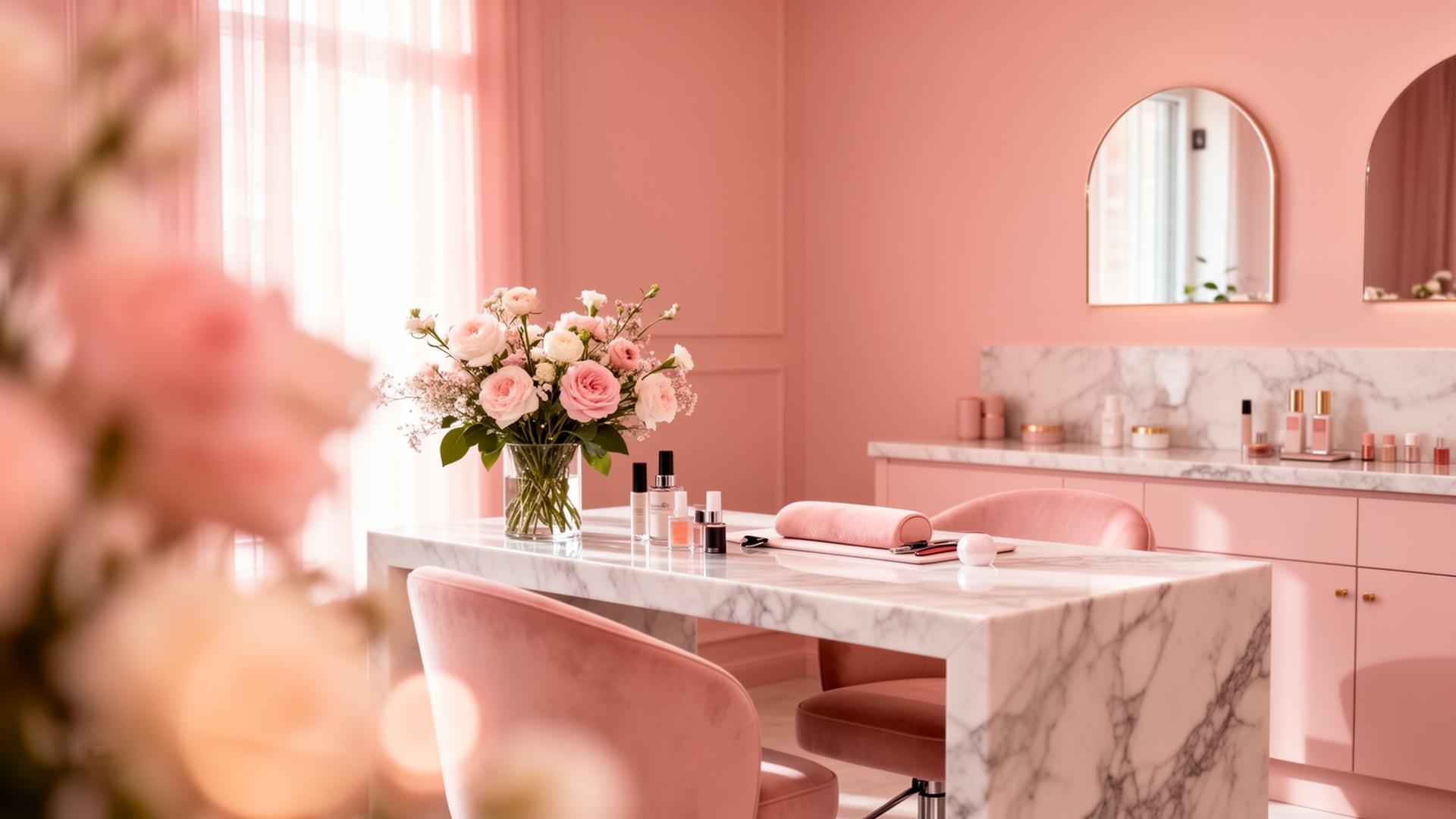 Wnętrze salonu Glow Up — eleganckie różowe wnętrze z marmurowym stanowiskiem manicure